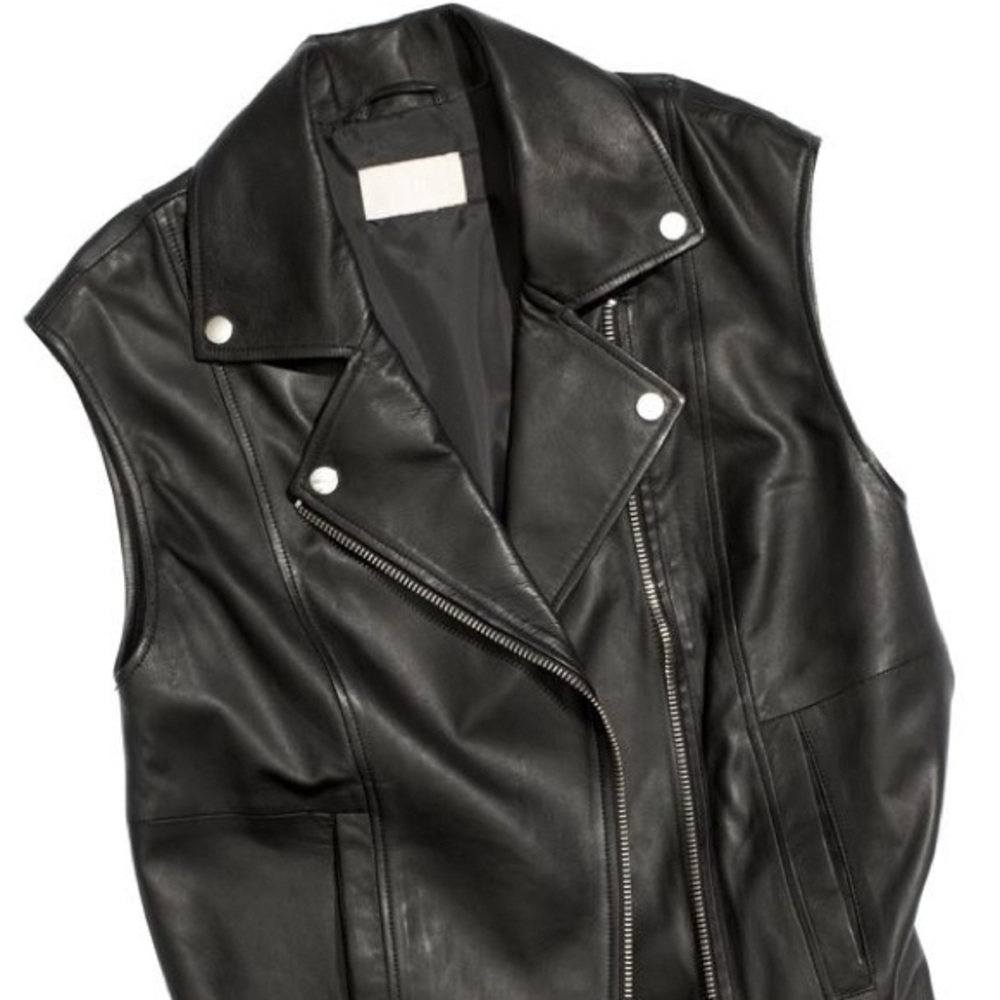 H&M Trend Premium Black Lambskin Leather Asymmetric Zip Moto Biker Jacket Vest - Picture 2 of 3